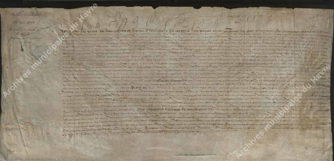 Charte de Henti II, confirmation des privilèges de franc-salé au Havre, Fontainebleau (22 mai 1555)